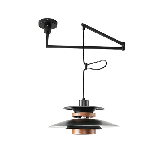 Black pendant light made of metal and wood, featuring a 40 cm diameter in a Scandinavian design, ideal for modern living spaces. 1