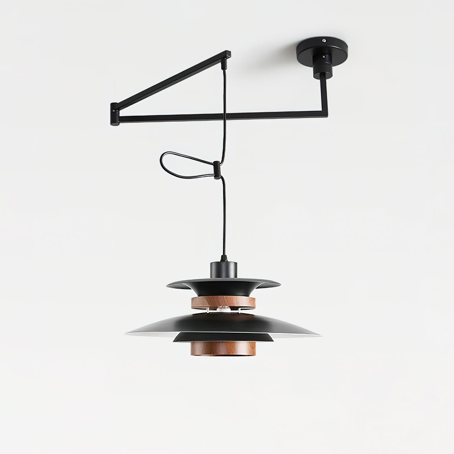 Black pendant light made of metal and wood, featuring a 40 cm diameter. Ideal for modern Scandinavian-style dining or living rooms. 2