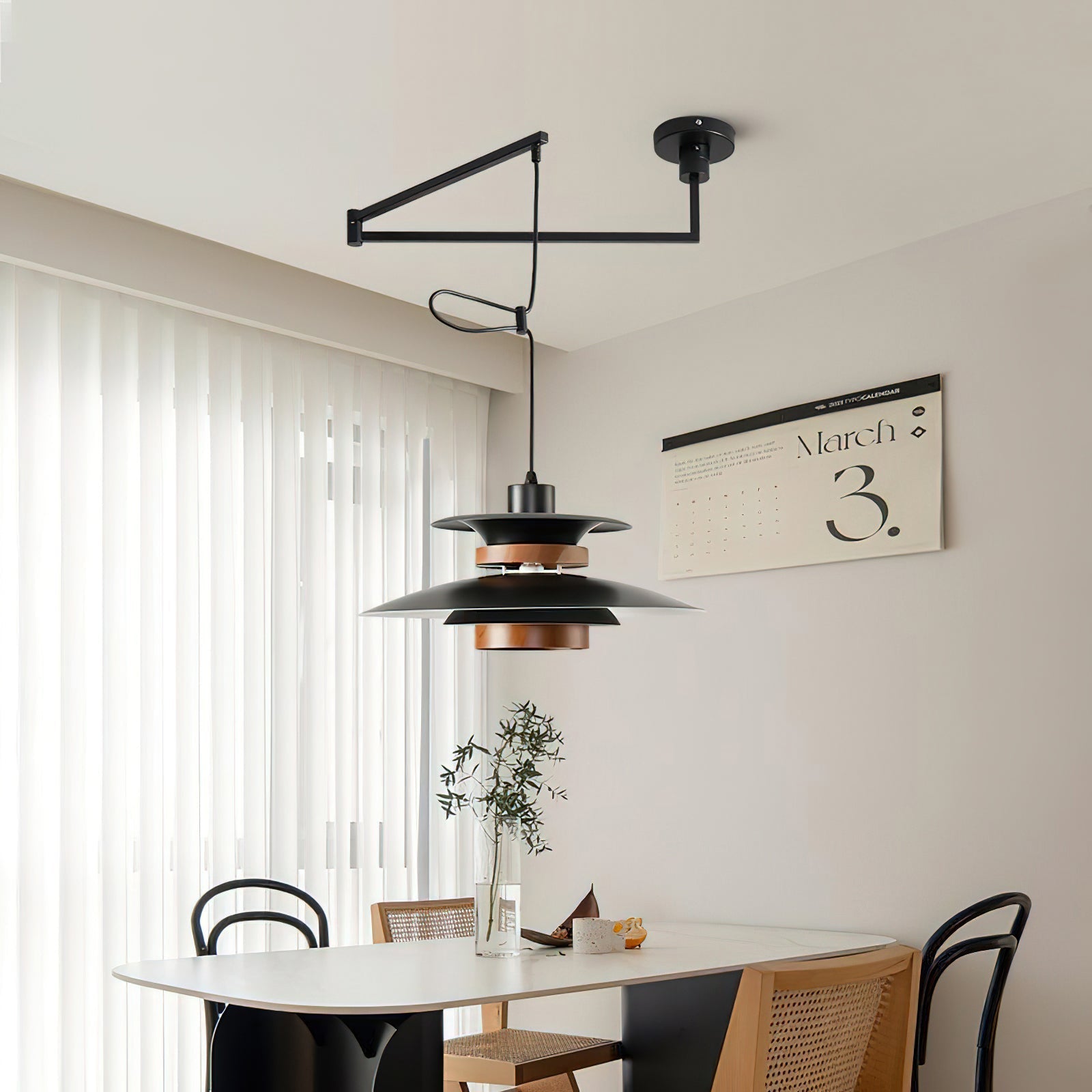 Black pendant light made of metal and wood, featuring a 40 cm diameter in a Scandinavian design, suitable for modern living spaces. 4