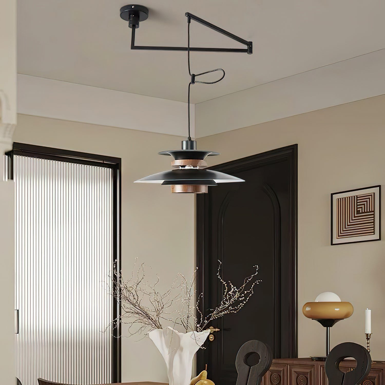 Black metal and wood pendant light with a diameter of 40 cm, featuring a Scandinavian design suitable for modern interiors. 5