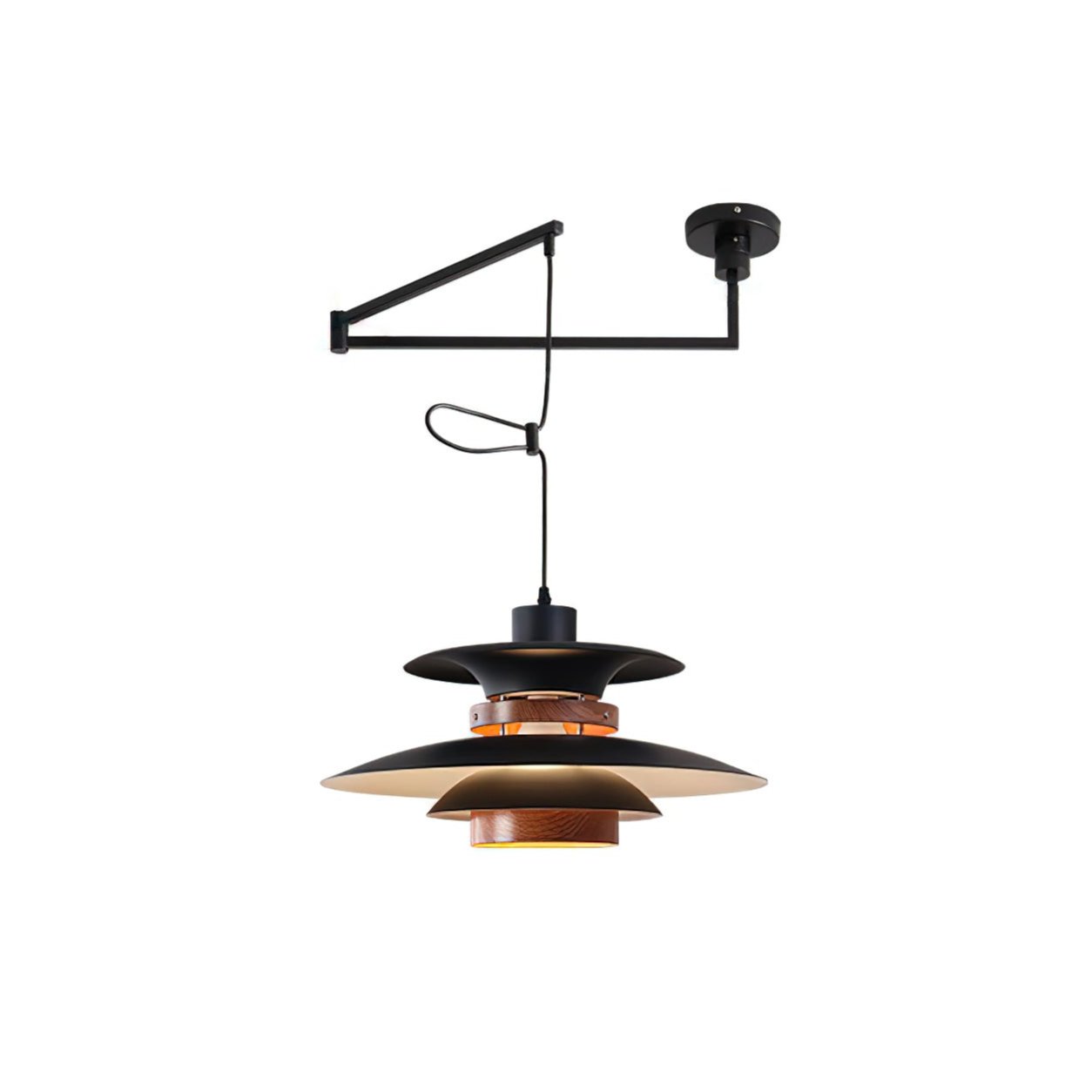 Black metal and wood pendant light with a diameter of 40 cm, featuring a Scandinavian design ideal for modern dining spaces. 7