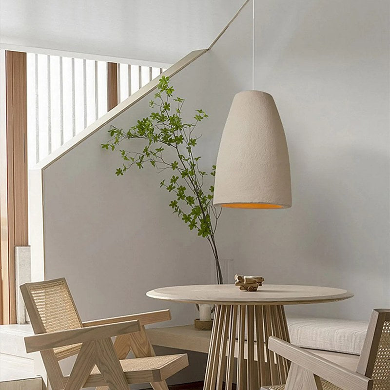 White gypsum pendant light in a 40 cm diameter, featuring a Wabi-Sabi design, ideal for dining and living rooms. 6