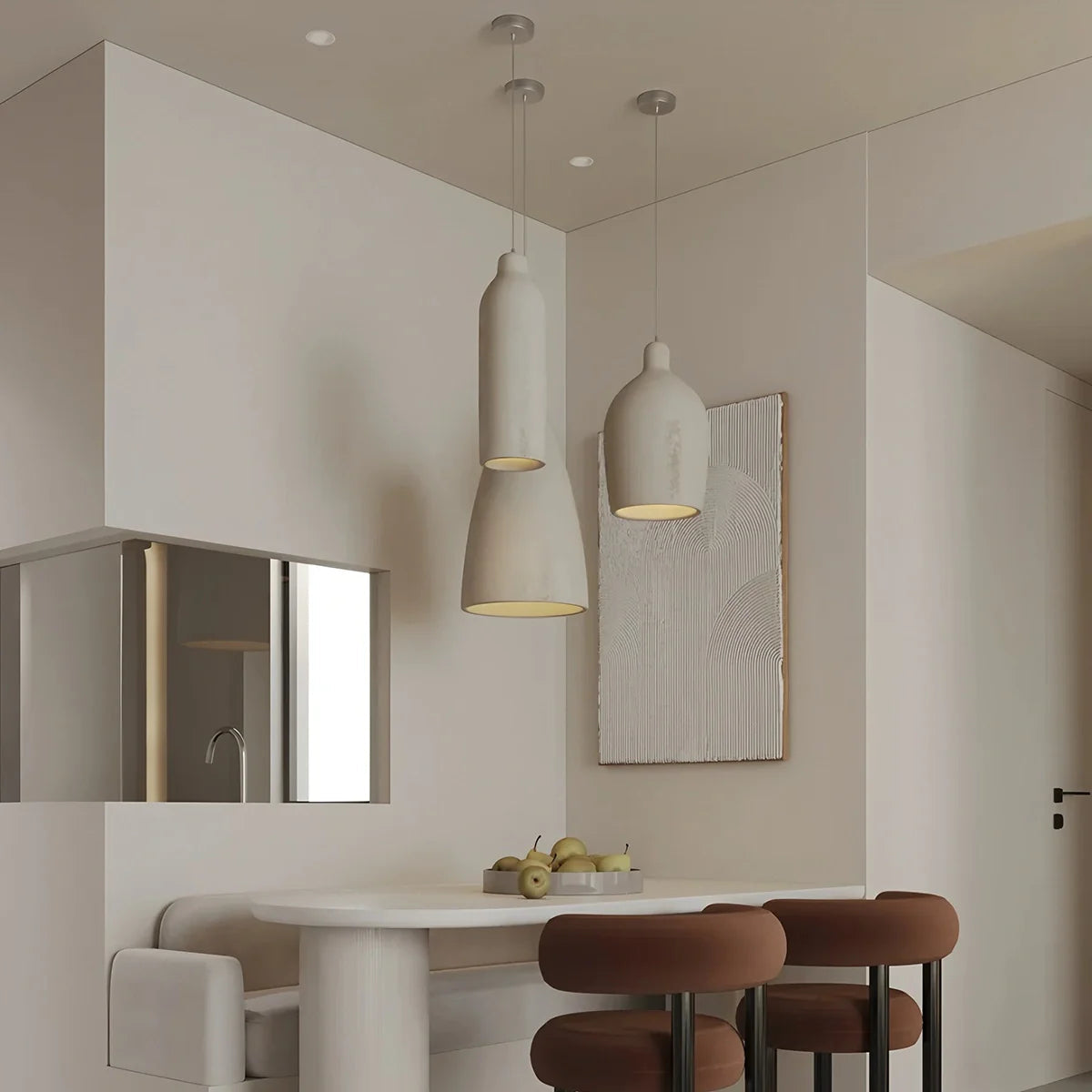 White pendant light made of gypsum, featuring a 40 cm diameter and a Wabi-Sabi design, ideal for dining and living rooms. 7