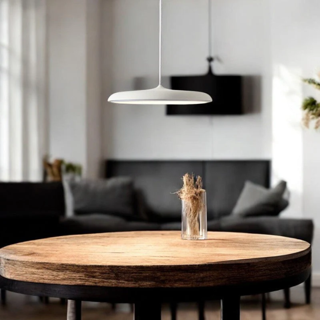 White metal pendant light with a diameter of 40 cm, featuring a Scandinavian design suitable for modern dining or living spaces. 5