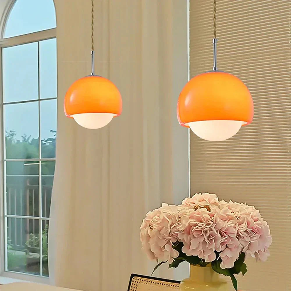 Orange opal pendant light made of glass with a retro design, featuring a 30 cm diameter. Ideal for dining or living rooms. 3