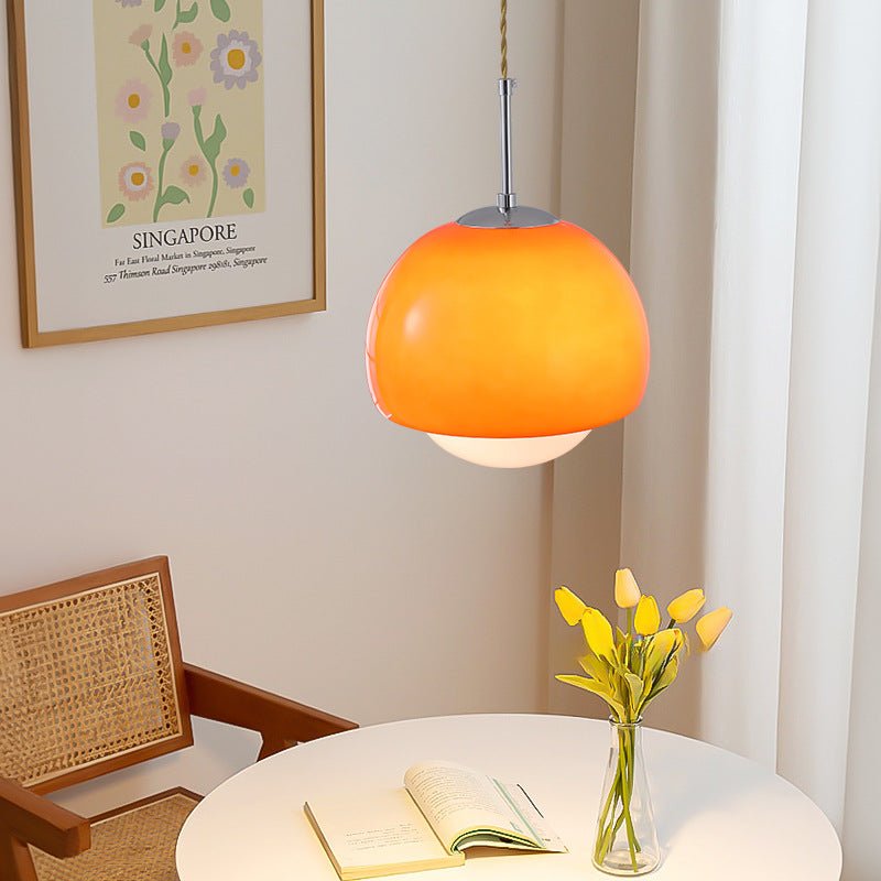 Orange opal pendant light made of glass, featuring a retro design with a diameter of 30 cm, suitable for various room settings. 4