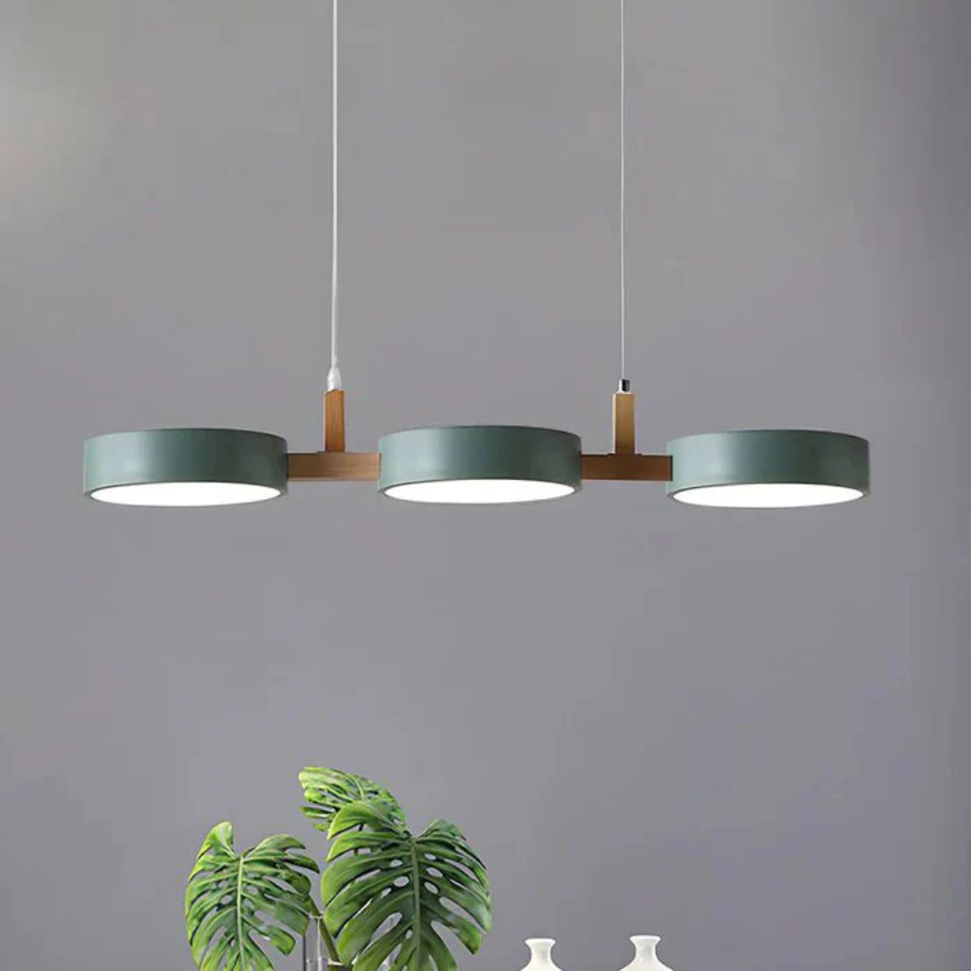 Modern pendant light made of wood and iron in grey, white, and green. Measures 77x20 cm, ideal for contemporary spaces. 4