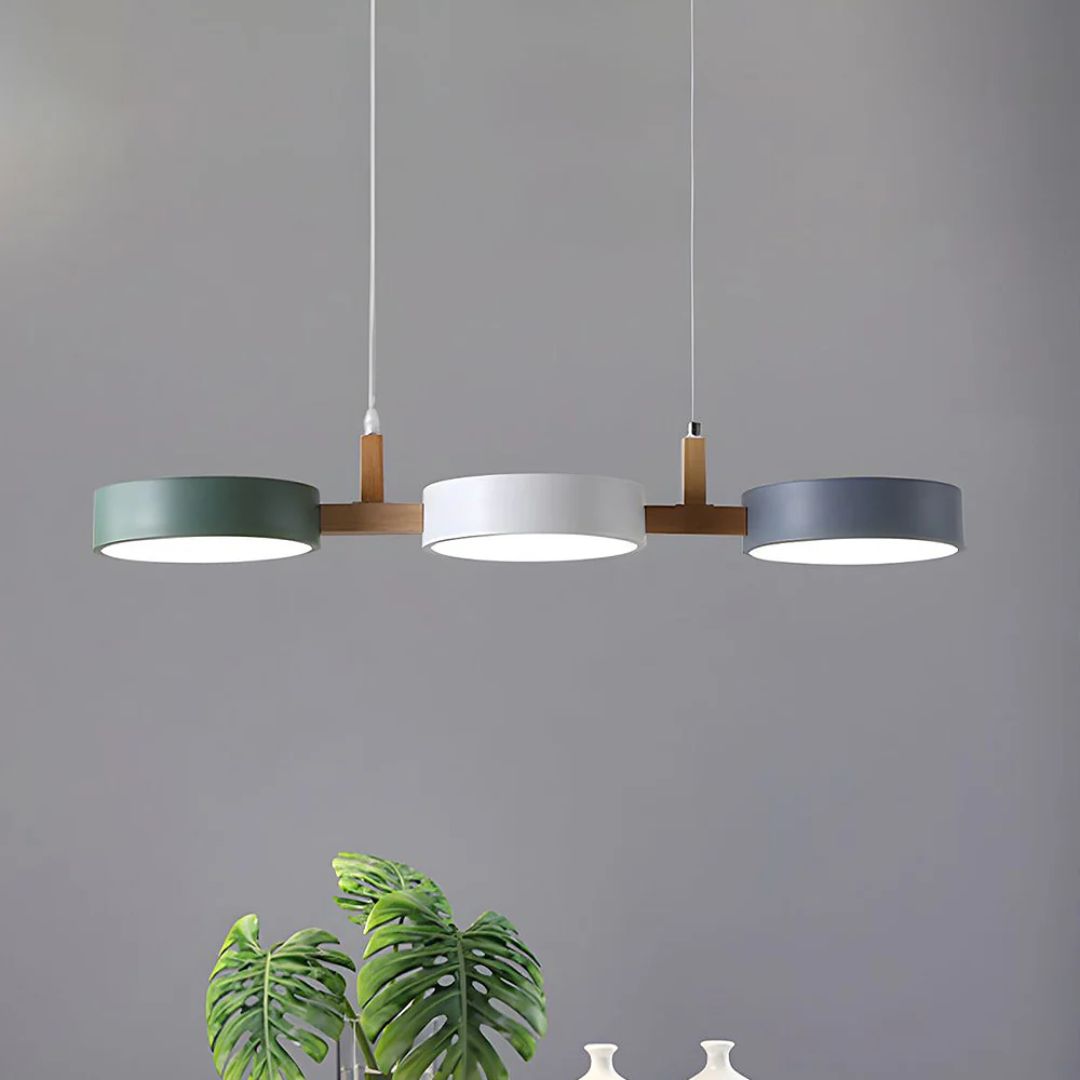 Modern horizontal pendant light made of wood and iron in gray, white, and green. Measures 77x20 cm, suitable for contemporary spaces. 5