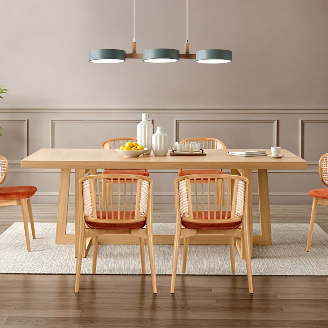 Modern horizontal pendant light made of wood and iron, featuring a gray, white, and green color scheme. Measures 77x20 cm, suitable for 7