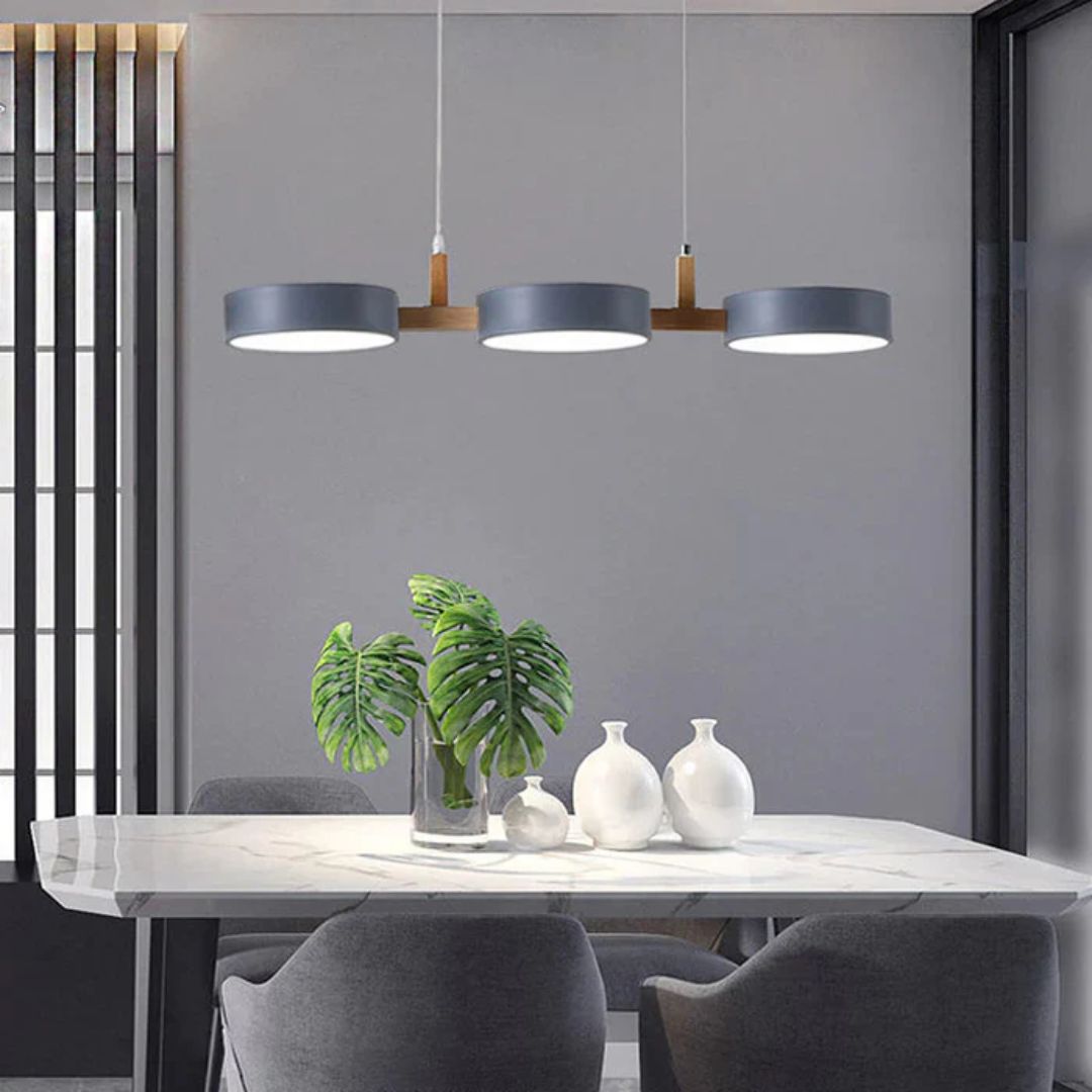 Modern pendant light made of wood and iron in gray, white, and green. Measures 77x20 cm, ideal for contemporary spaces. 8