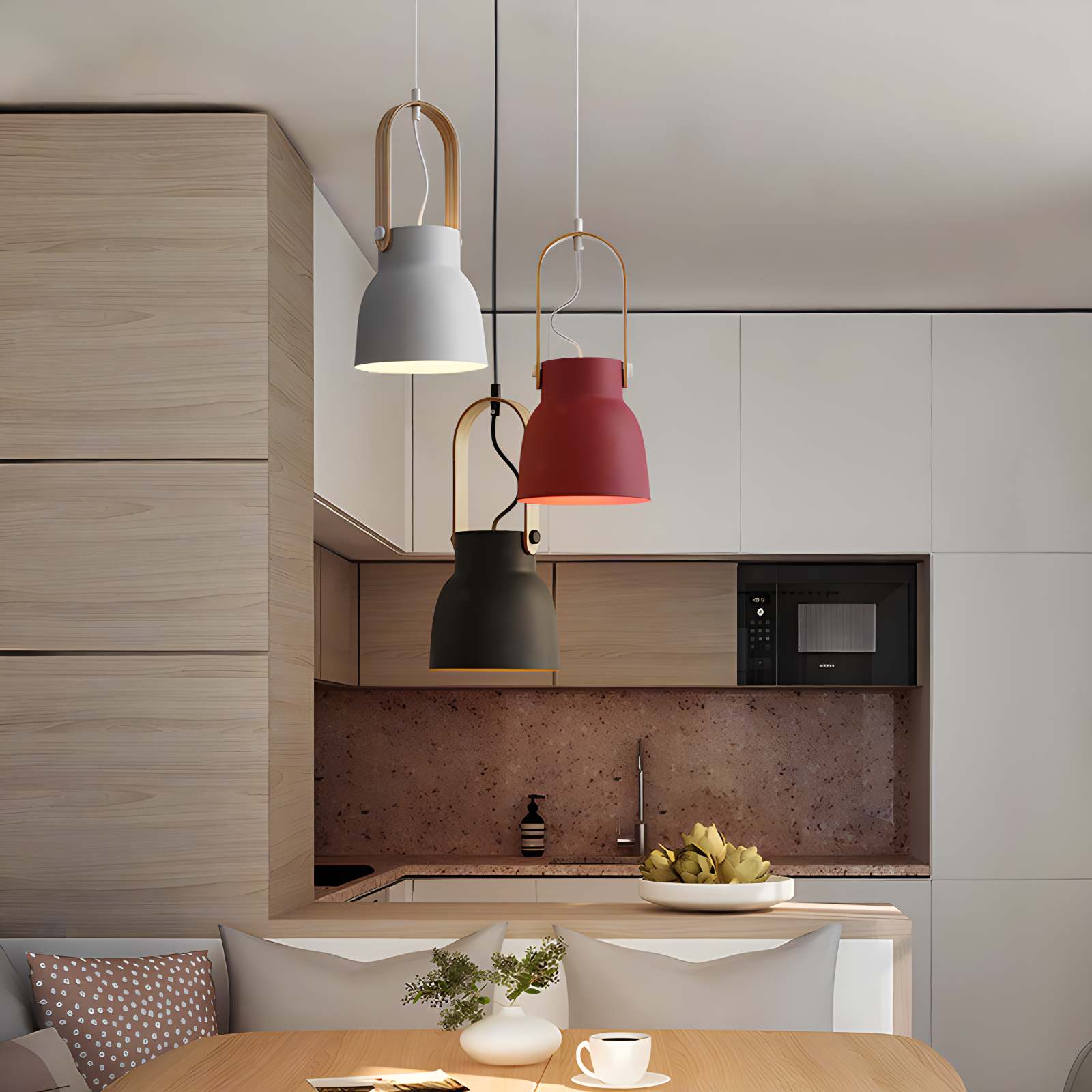 White wooden pendant light with a 30 cm diameter, featuring a Scandinavian design suitable for dining rooms and living rooms. 3