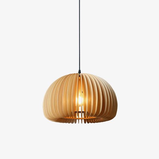 Modern wooden pendant light in natural finish, 40 cm in diameter, ideal for dining rooms and living spaces. 0
