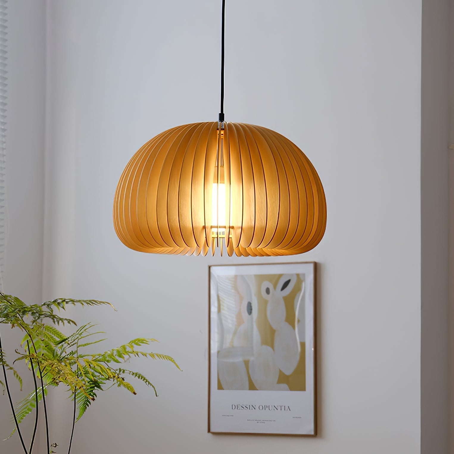 Modern pendant light made of natural wood, featuring a 40 cm diameter. Ideal for enhancing dining and living room aesthetics. 4