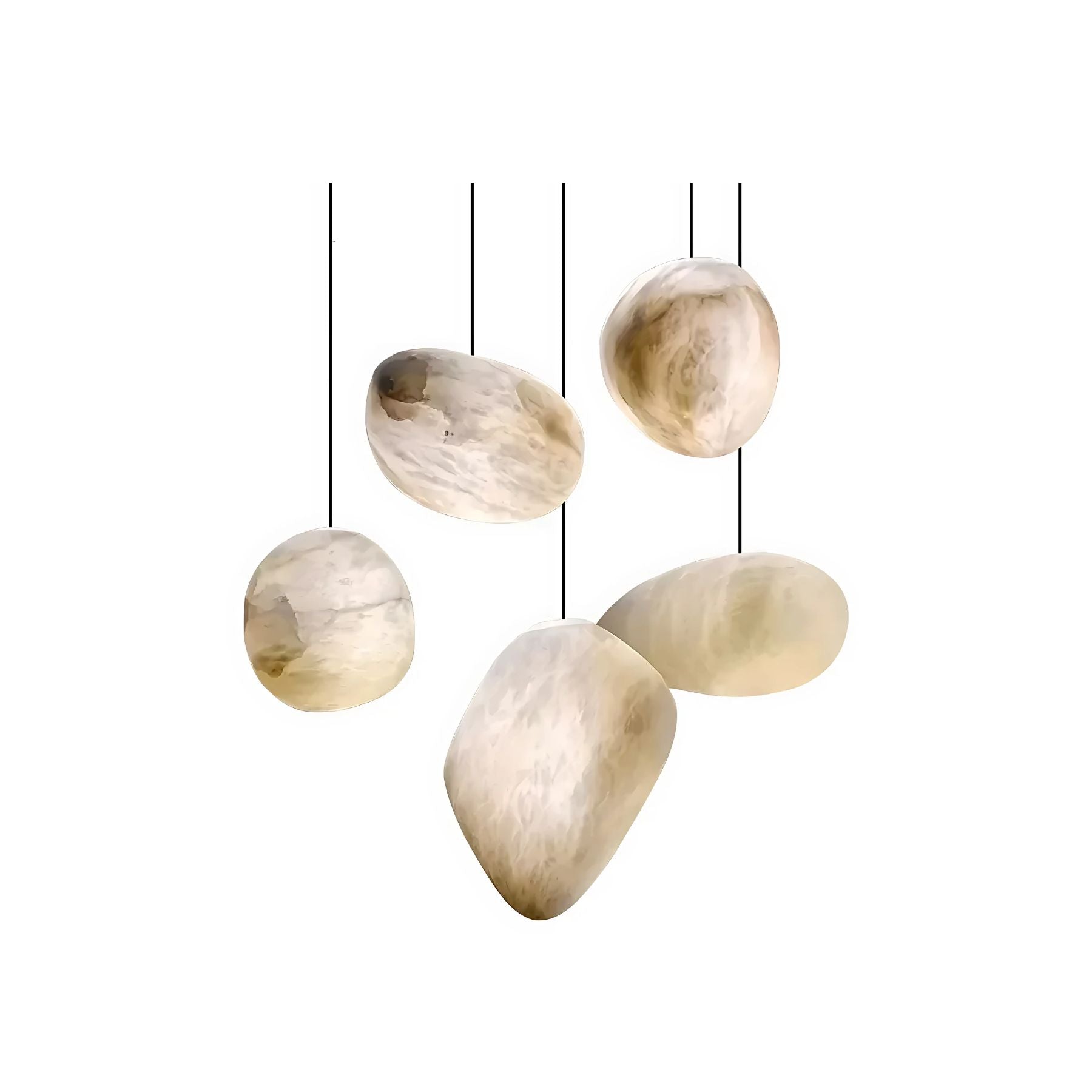 Modern pendant light made of alabaster and copper, featuring a white finish and adjustable height, ideal for dining rooms. 1
