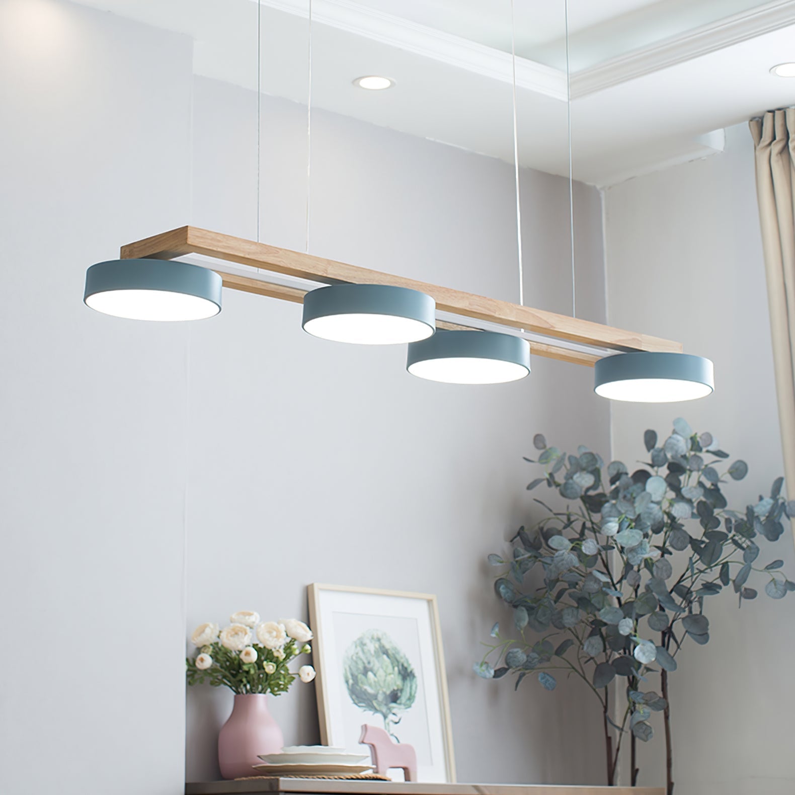 Modern pendant light made of wood in blue, white, and terracotta colors, measuring 150 cm, ideal for dining areas and kitchens. 3