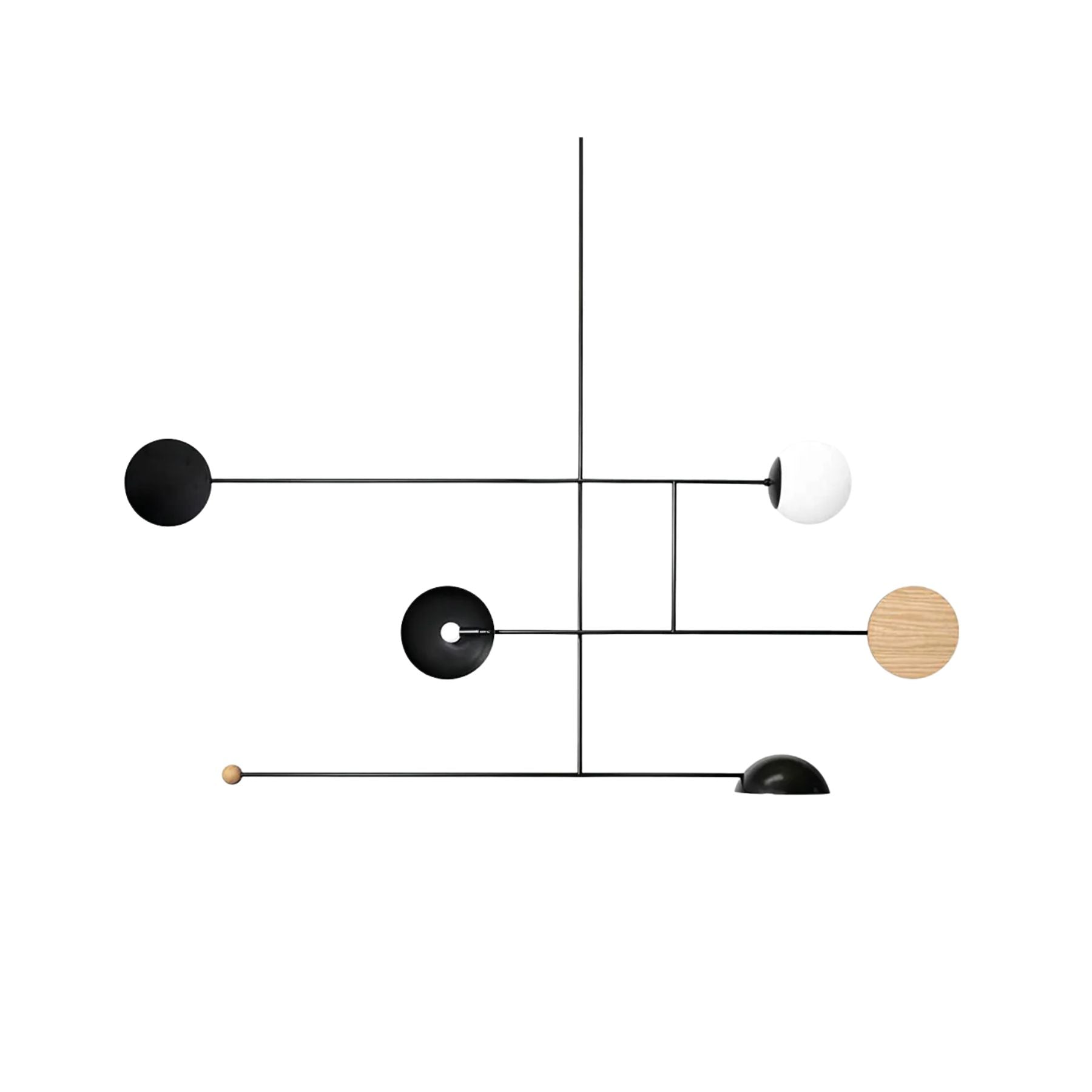 Modern pendant light made of wood and metal in black and white. Ideal for dining rooms or living spaces with a sleek design. 1