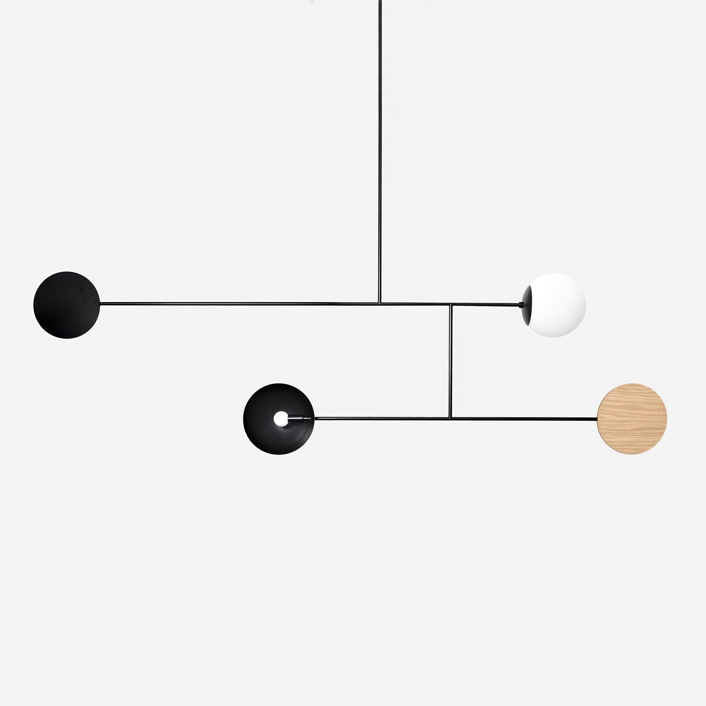 Modern pendant light made of wood and metal in black and white, suitable for dining table or living room use. Features a sleek design with two E14 10