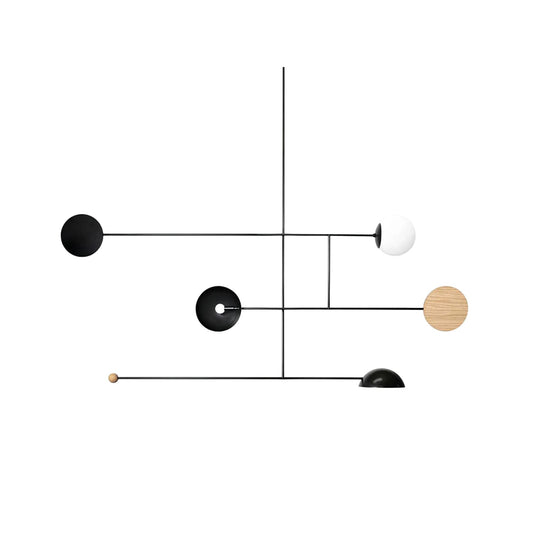 Modern pendant light made of wood and metal in black and white. Ideal for dining rooms or living spaces with a sleek design. 1