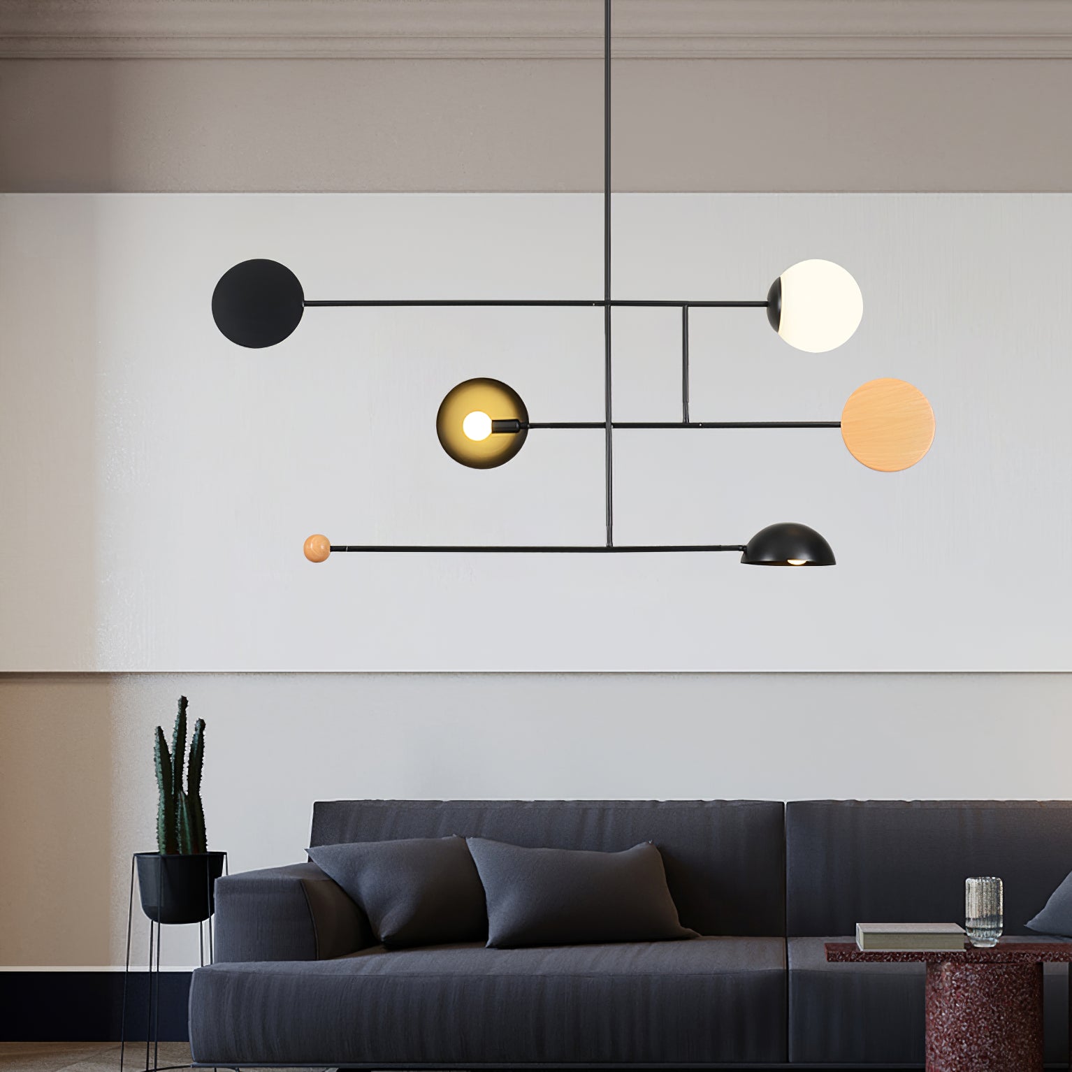 Pendelleuchte aus Holz und Metall in Schwarz und Weiß, moderne Form. Ideal für Esstisch oder Wohnzimmer, mit Platz für zwei E14 Le 4