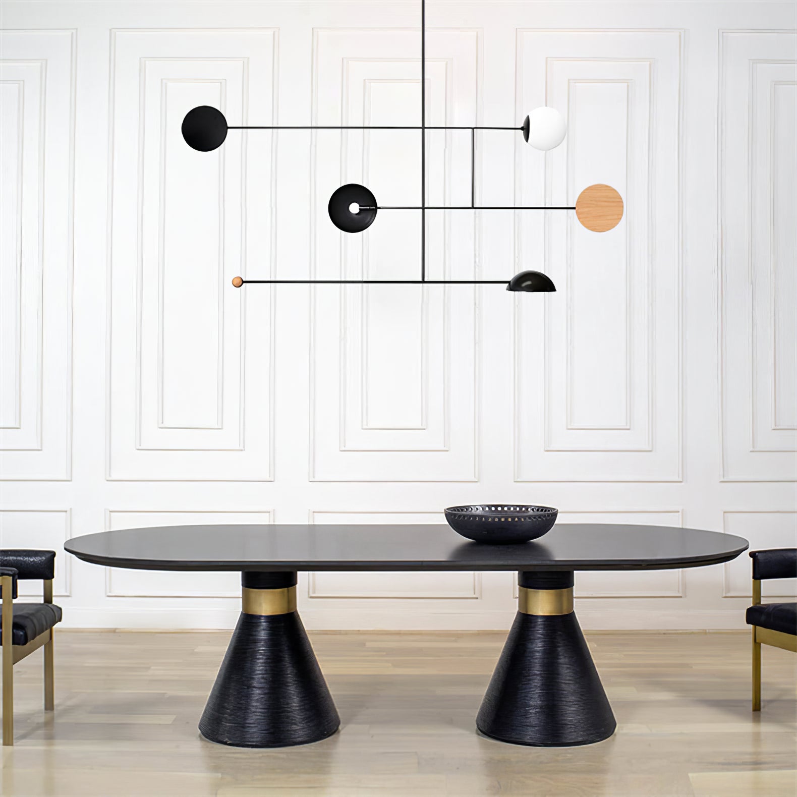 Modern pendant light made of wood and metal in black and white, featuring a sleek design ideal for dining tables and living rooms. 5