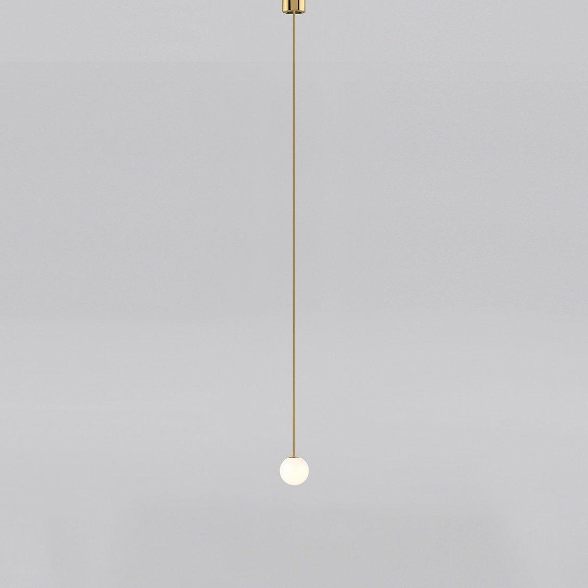 Minimalist pendant light made of brass and milk glass, featuring a 30 cm diameter. Ideal for dining rooms and hallways. 0