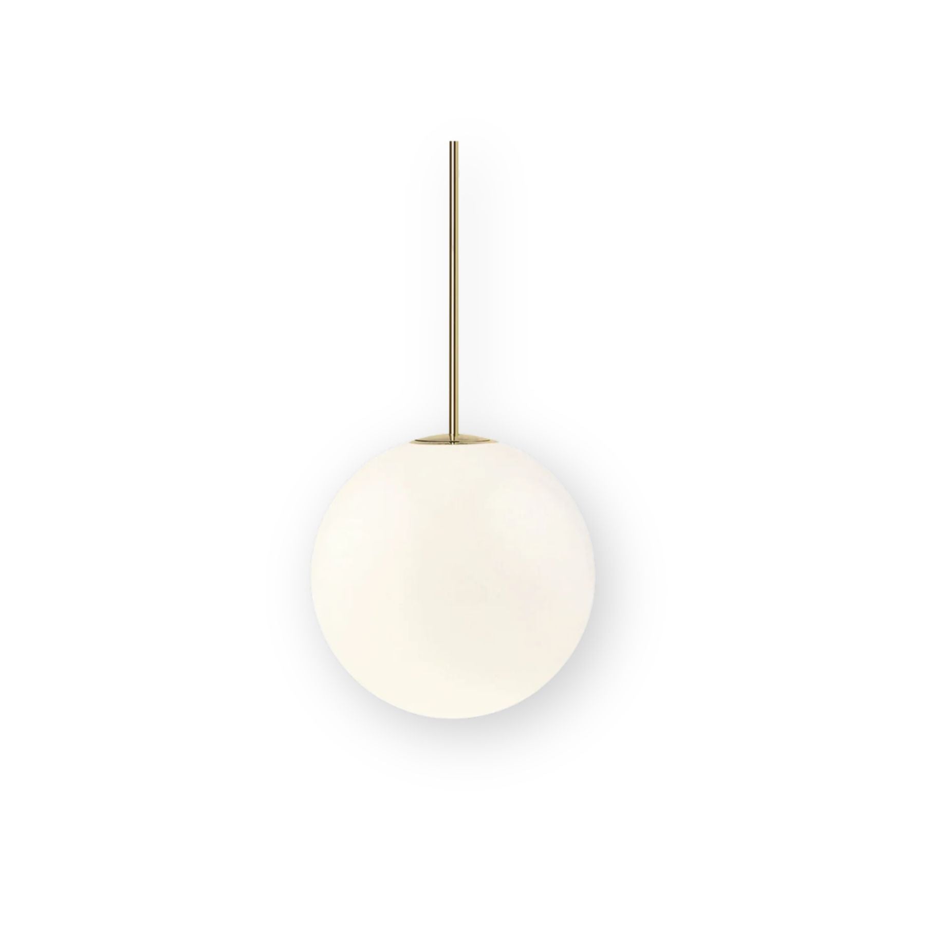 Minimalist pendant light made of brass and milk glass, 30 cm in diameter, ideal for dining rooms and hallways. 1