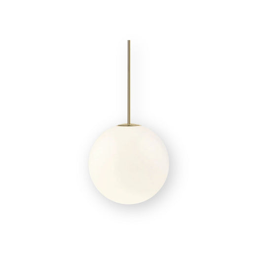 Minimalist pendant light made of brass and milk glass, 30 cm in diameter, ideal for dining rooms and hallways. 1