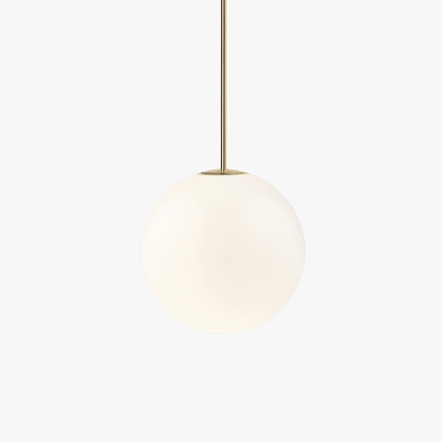 Minimalist pendant light made of brass and opal glass, featuring a 30 cm diameter, ideal for dining rooms and hallways. 2