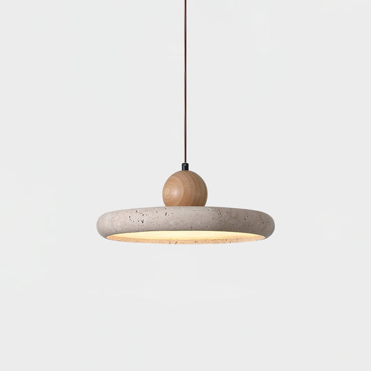 Minimalistic pendant light made of natural travertine and wood, measuring Ø 30×120 cm, ideal for dining tables and living rooms. D 0