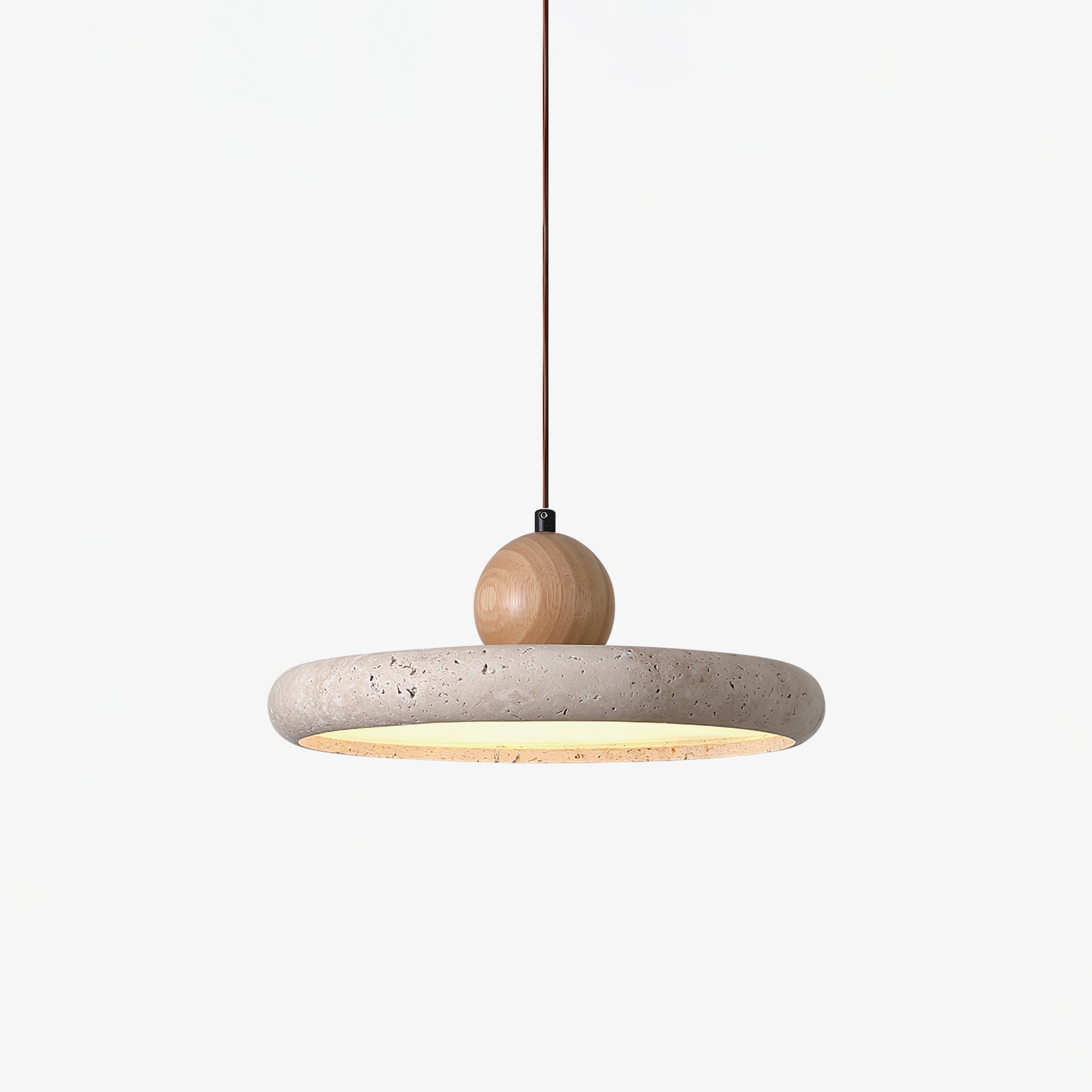 Minimalistic pendant light made of natural travertine and wood, measuring Ø 30×120 cm, suitable for dining tables and living rooms. 2