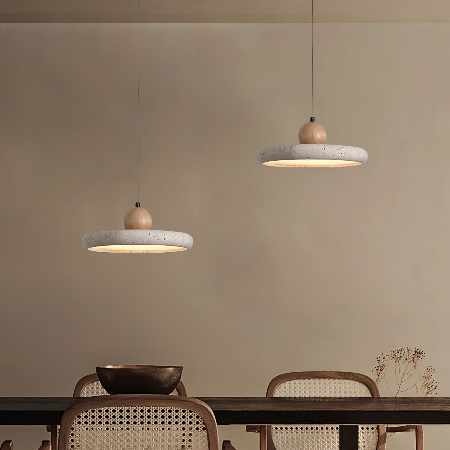 Minimalistic pendant light made of natural travertine and wood, measuring Ø 30×120 cm, suitable for dining rooms and living spaces. D 4