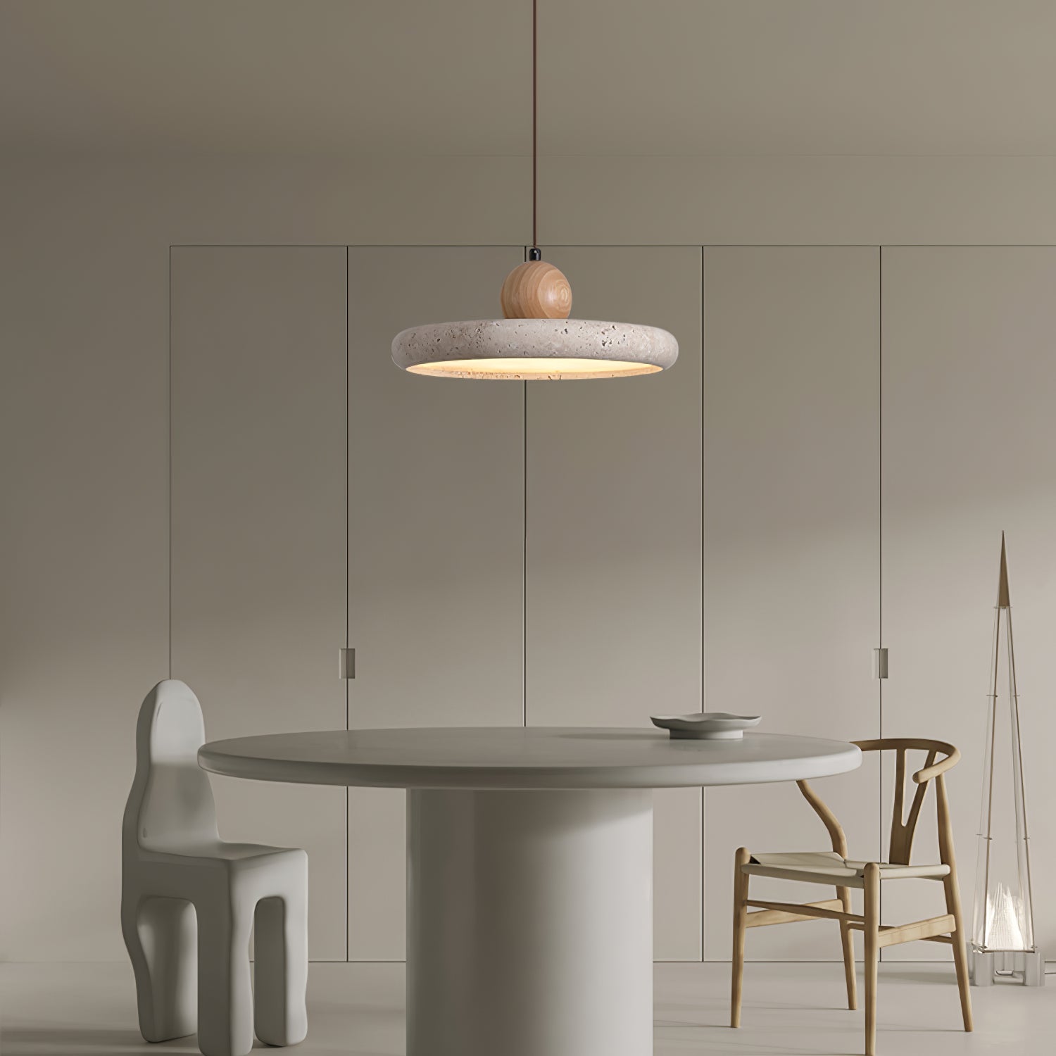 Minimalistic pendant light made from travertine and wood, featuring a natural finish. Measures Ø 30×120 cm, ideal for dining tables or 6