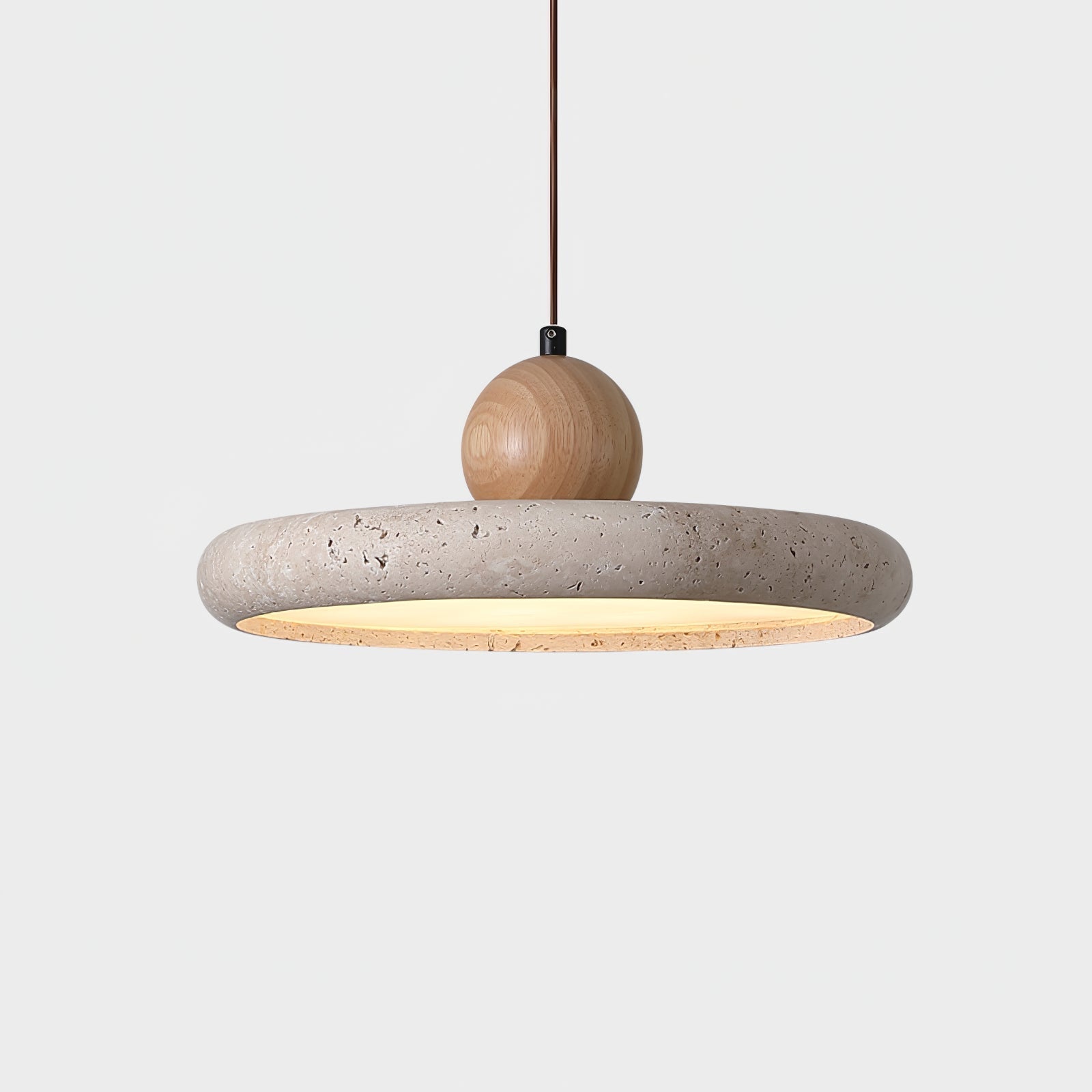 Minimalist pendant light made of travertine and wood, featuring a natural finish. Measures Ø 30x120 cm, ideal for dining and living 7