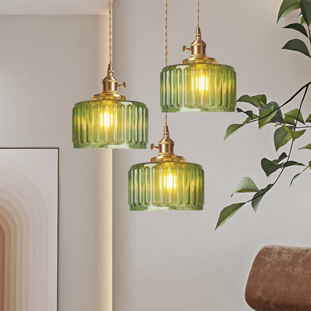 Elegant green pendant light made of ribbed glass, measuring 20 cm in diameter, perfect for dining or living spaces. 7