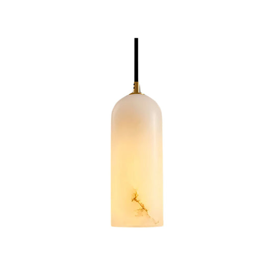 Minimalistic pendant light made of white alabaster with a diameter of 40 cm, perfect for modern dining areas or living spaces. 1