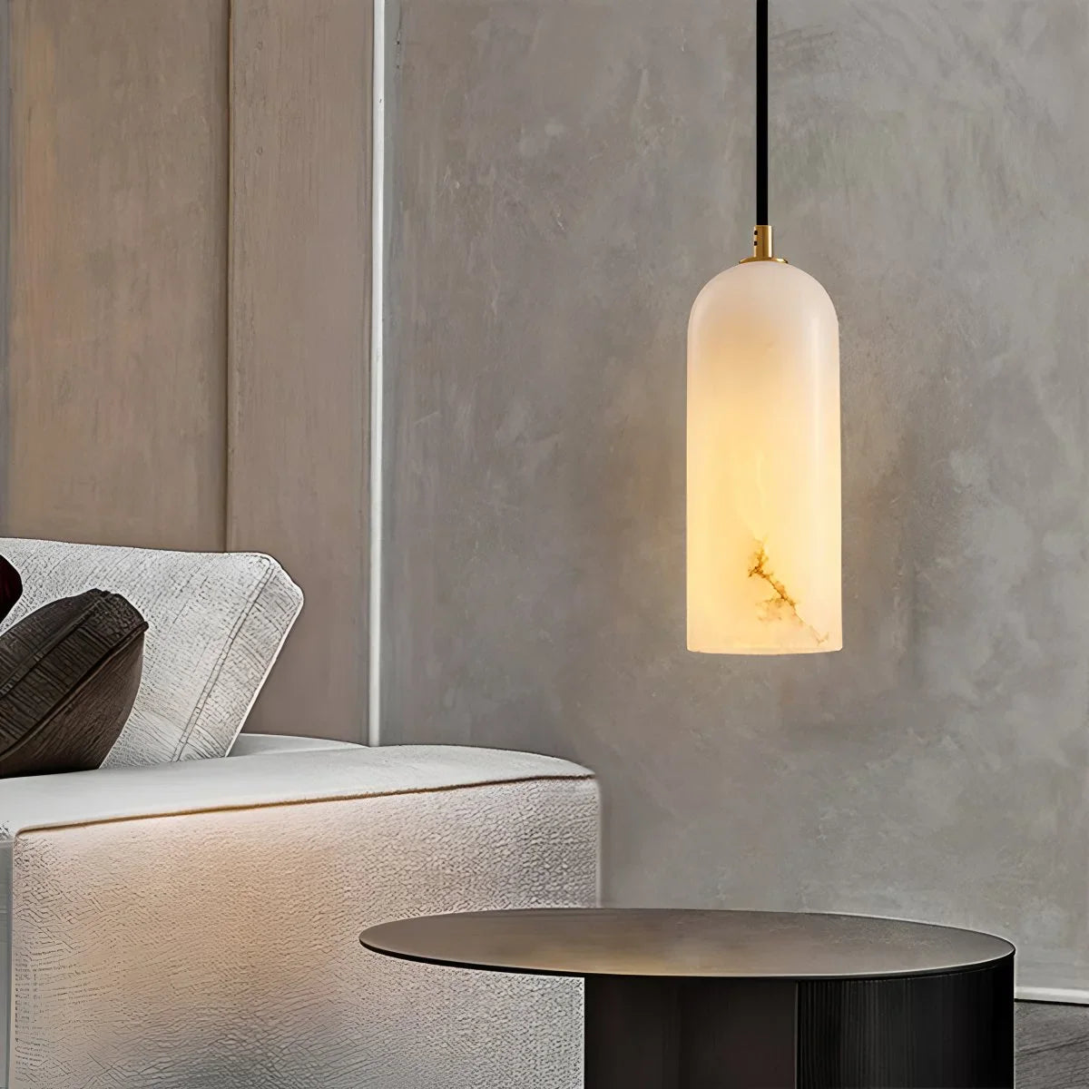 Minimalist pendant light made of white alabaster, featuring a diameter of 40 cm. Ideal for modern dining or living spaces. 6