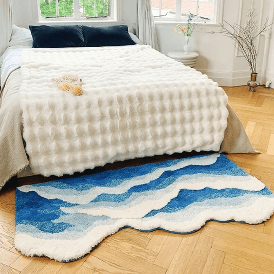Teppich – Weich und saugfähig – Blau/Weiß – Ozeanwellen – 50×80 cm – Entspannendes Design