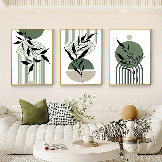 Wandkunst – Hochwertiges Papier – Grün/Beige – 3er Set – Botanische Motive im Boho-Stil