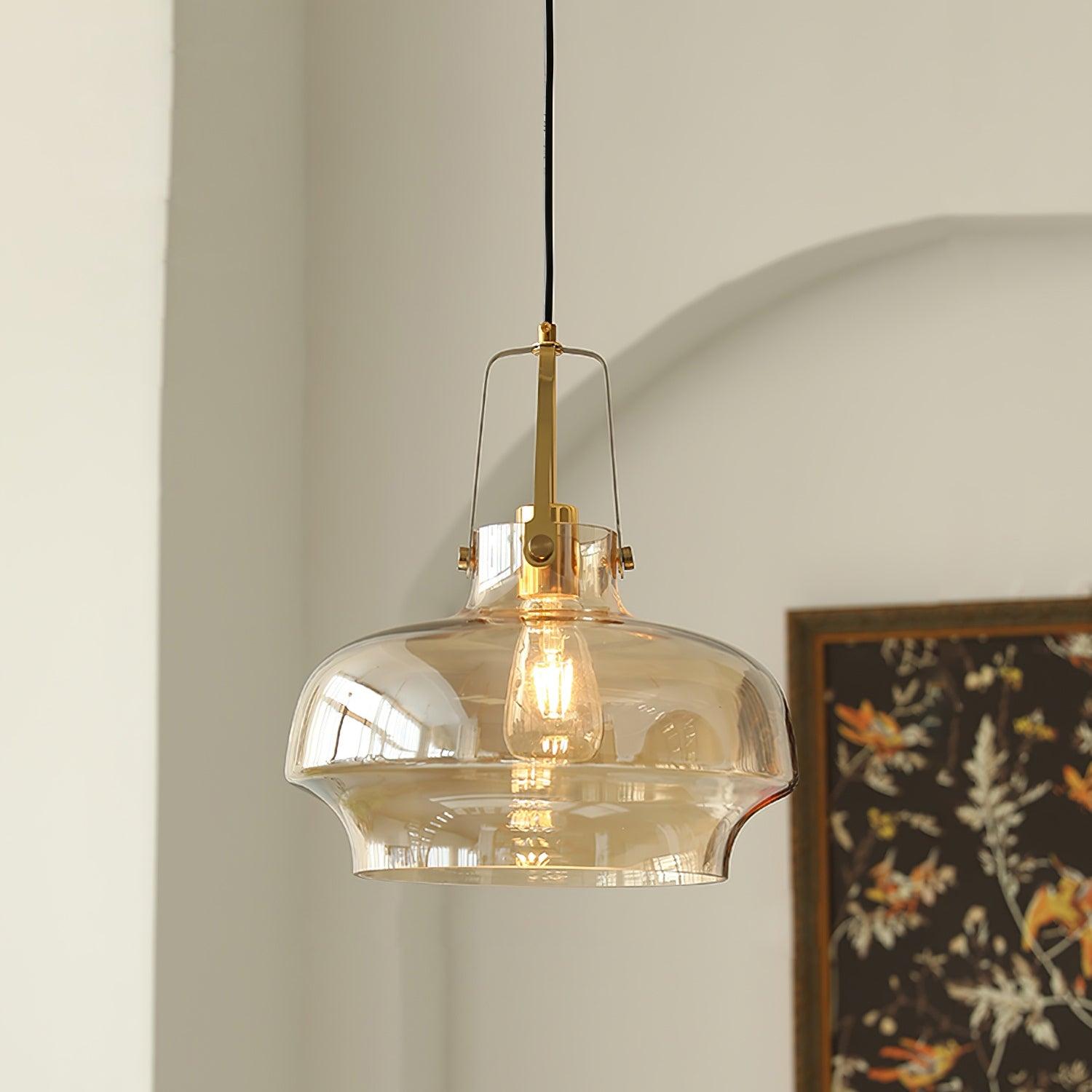 Modern pendant light made of tinted glass and metal, measuring 30 cm in diameter, perfect for stylish dining rooms. 0