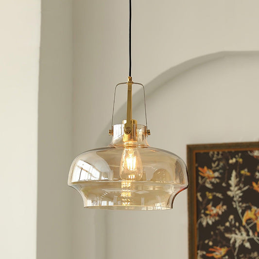 Modern pendant light made of tinted glass and metal, measuring 30 cm in diameter, perfect for stylish dining rooms. 0
